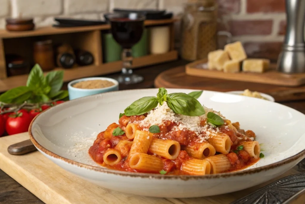 Ditalini Pasta Recipe - Close-up of a plated ditalini pasta dish garnished with fresh basil and Parmesan