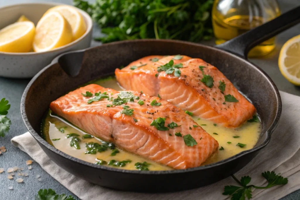 Classic Lemon Butter King Salmon garnished with fresh parsley in a skillet