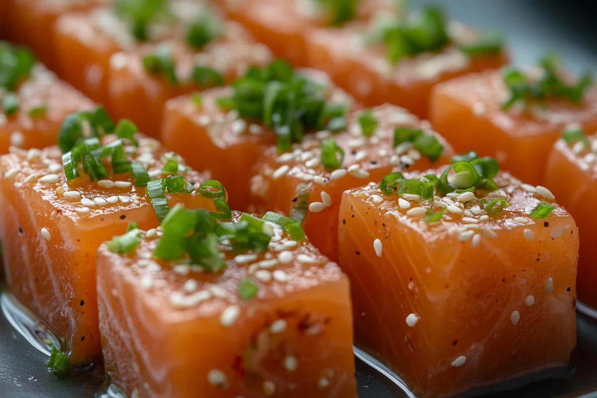 Close‑up of glossy salmon cubes and toppings in salmon poke recipe