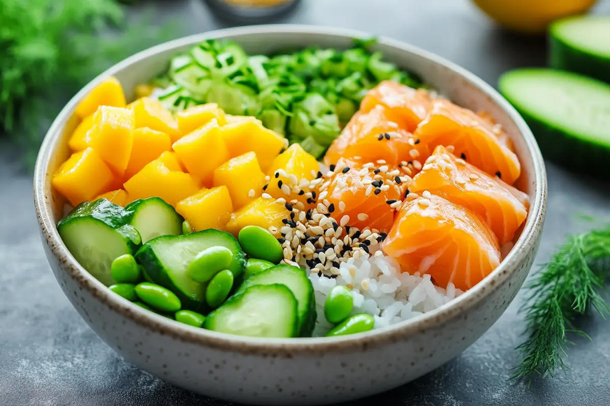 finished salmon poke bowl- salmon poke recipe