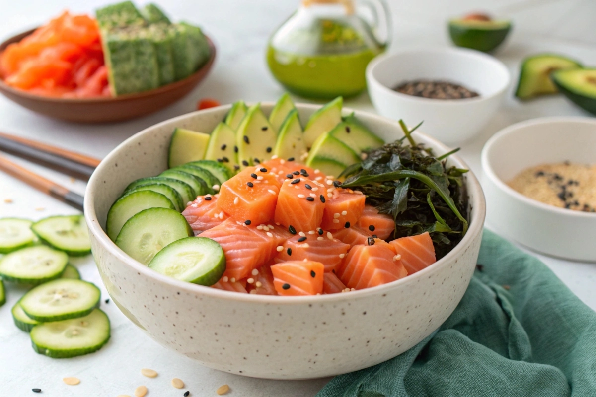 A vibrant salmon poke bowl with fresh ingredients like avocado, cucumber, sesame seeds, and seaweed