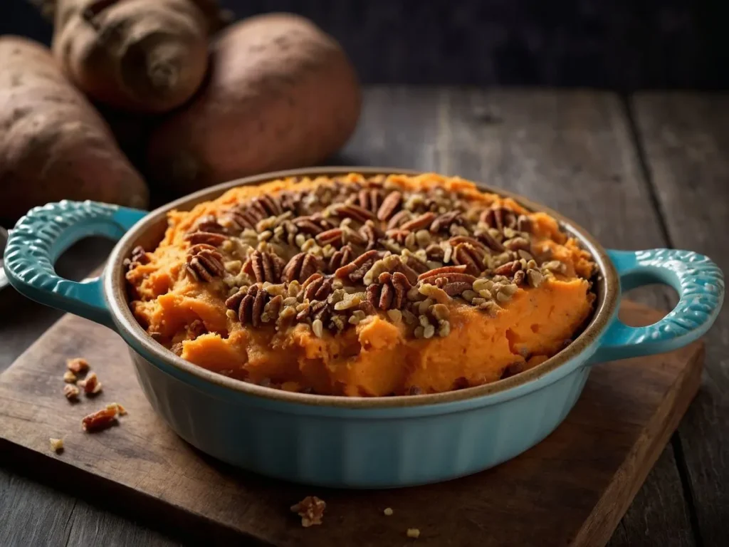 Old-fashioned sweet potato casserole topped with pecans