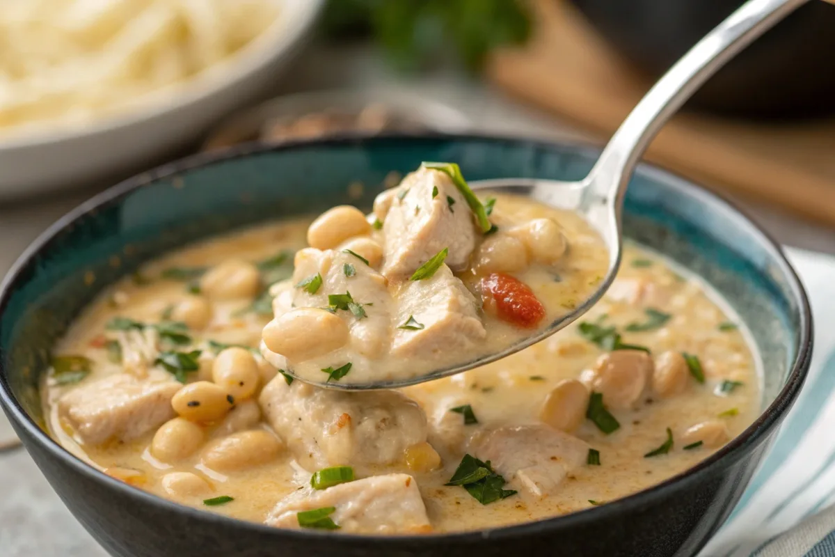 What Is White Chili Made Of - Spoonful of white chili with beans and chicken