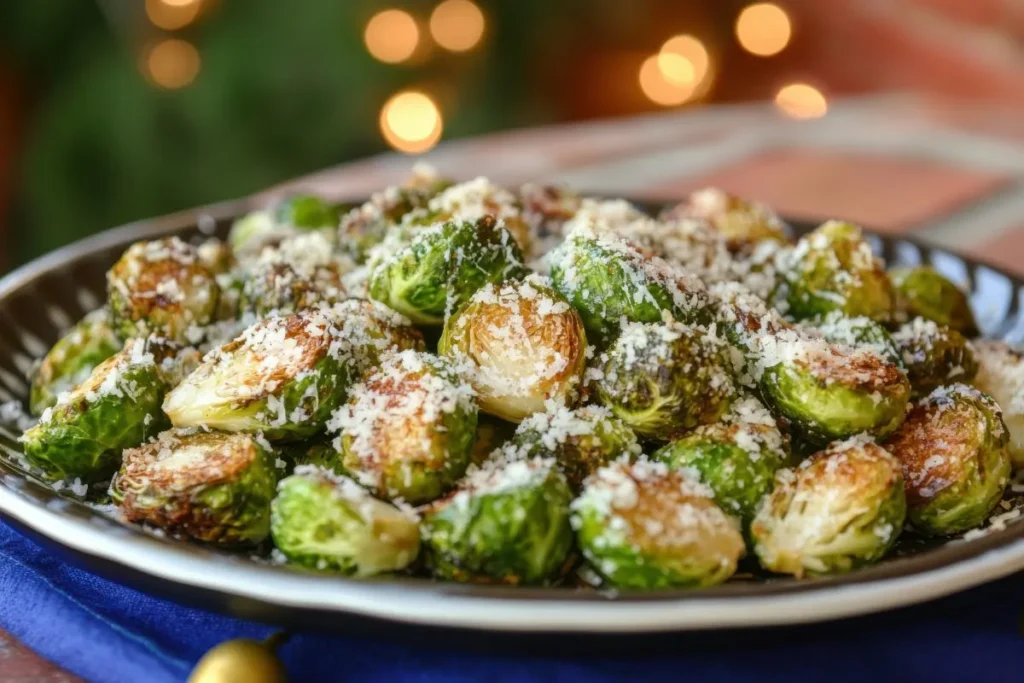 Roasted Brussels Sprouts with Parmesan Cheese - Golden brown roasted Brussels sprouts with melted Parmesan cheese on a baking sheet