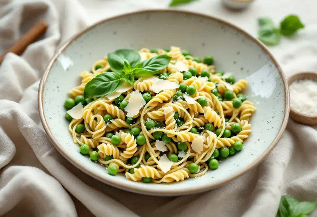 Pea pasta with fresh basil and Parmesan