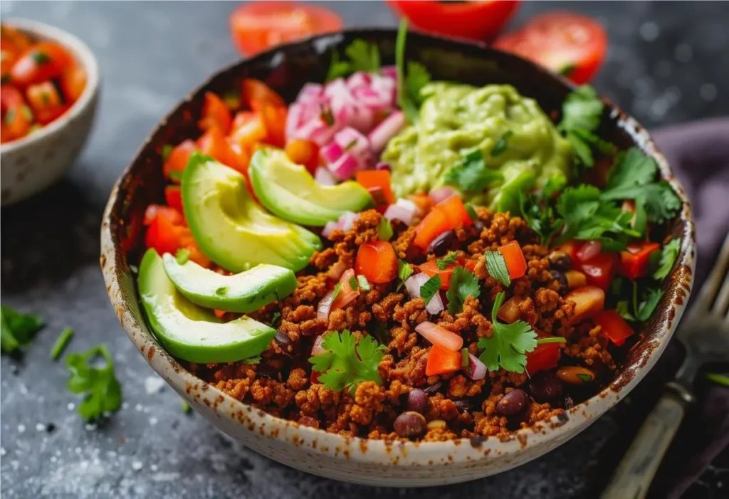 Homemade Taco Bowl Recipe - Colorful homemade taco bowl with fresh toppings