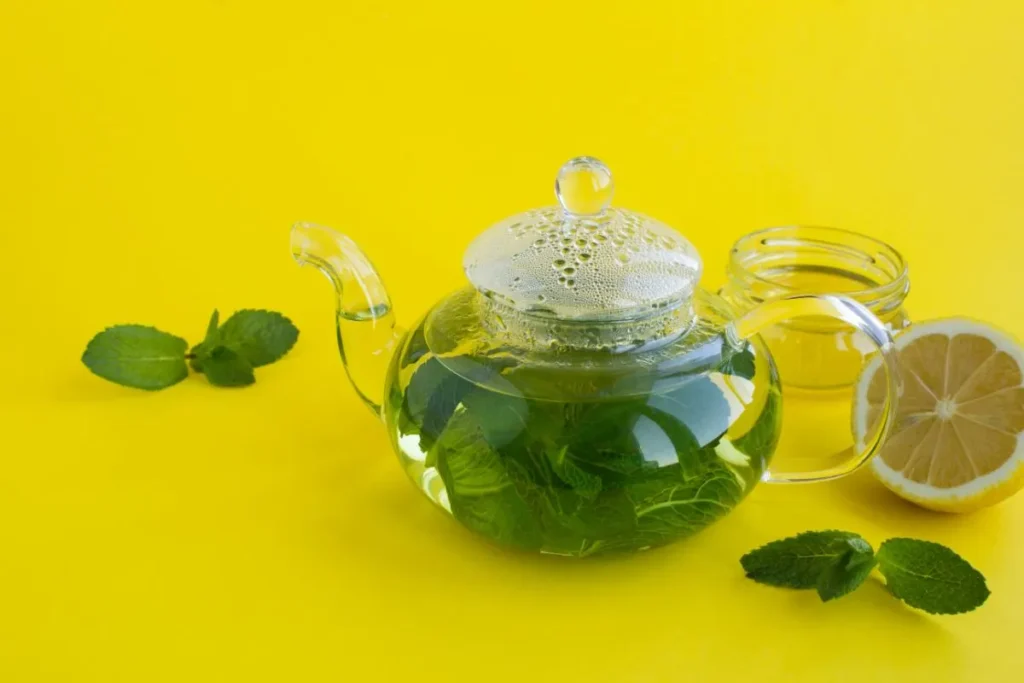 Lemon Balm Recipes - Cup of lemon balm tea with fresh leaves