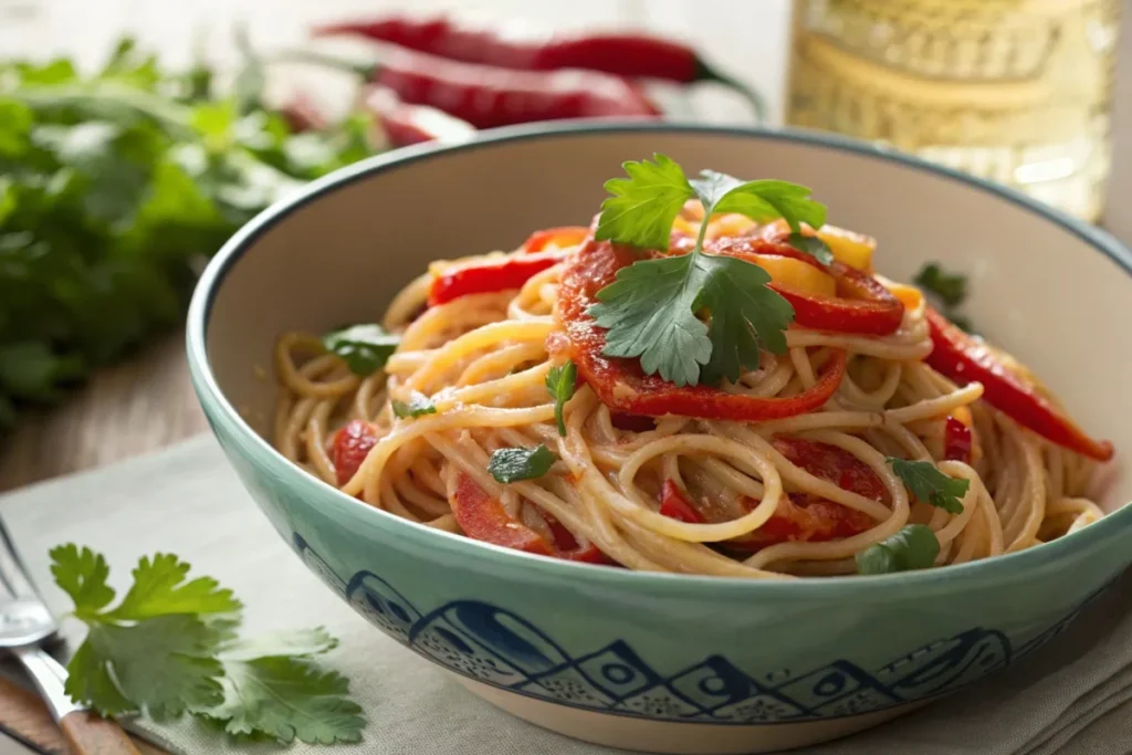 Mexican spaghetti served in a ceramic bowl