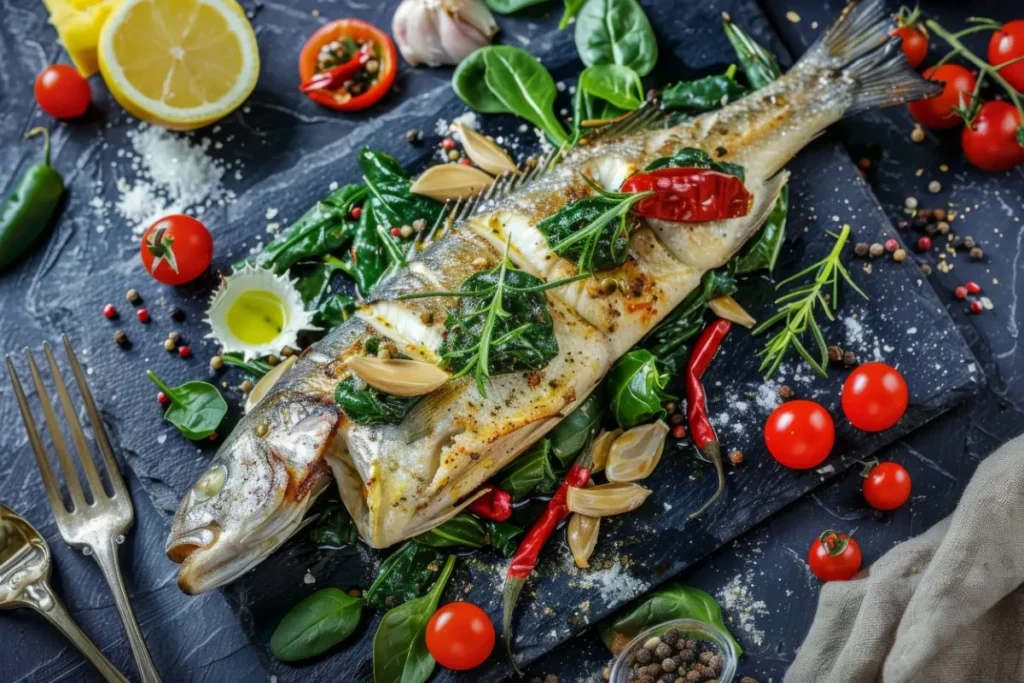 Whole roasted branzino with lemon and herbs