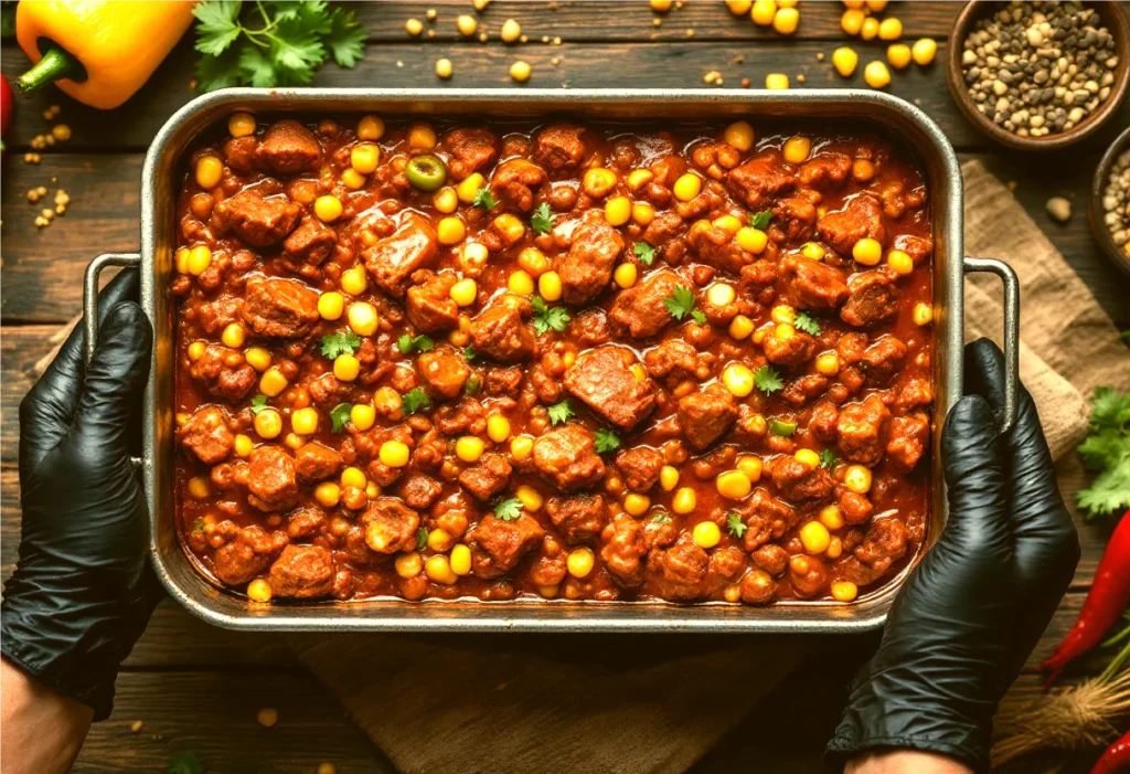 A top-down view of brisket chili in a rectangular metal pan, featuring tender chunks of smoked brisket, green bell peppers, corn kernels, and a rich red sauce, held by hands wearing black gloves on a rustic wooden background