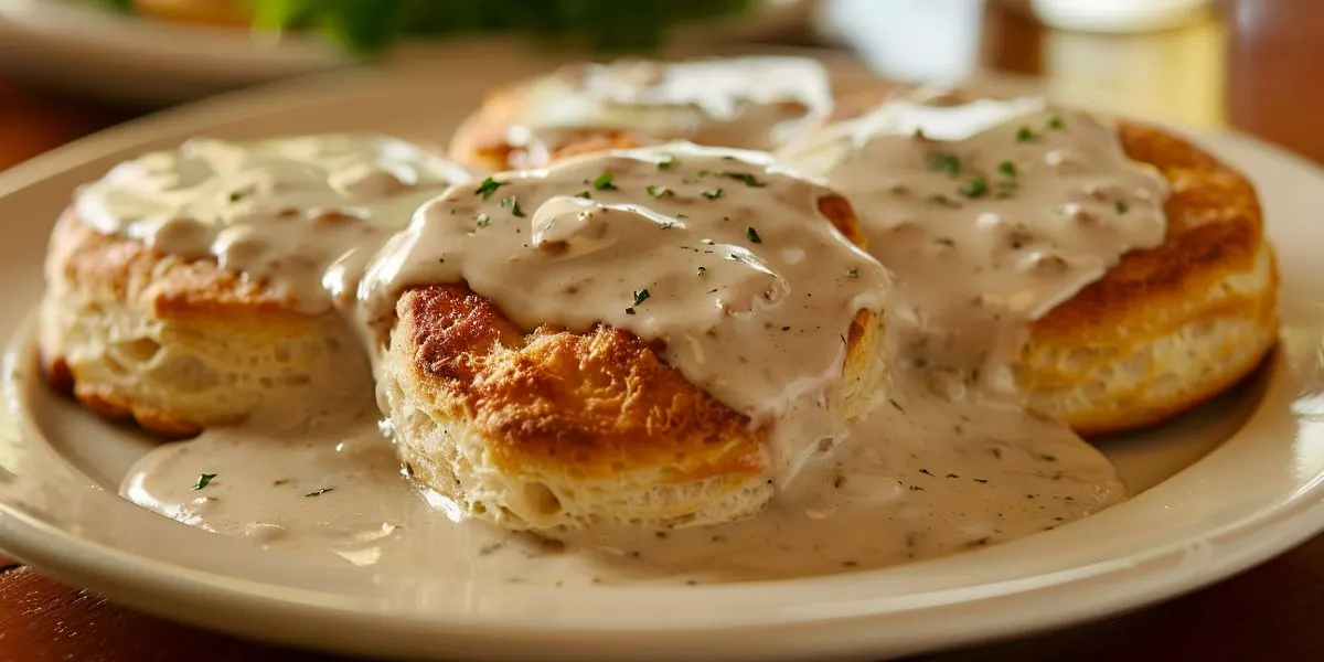 Chicken biscuits and gravy served on a plate