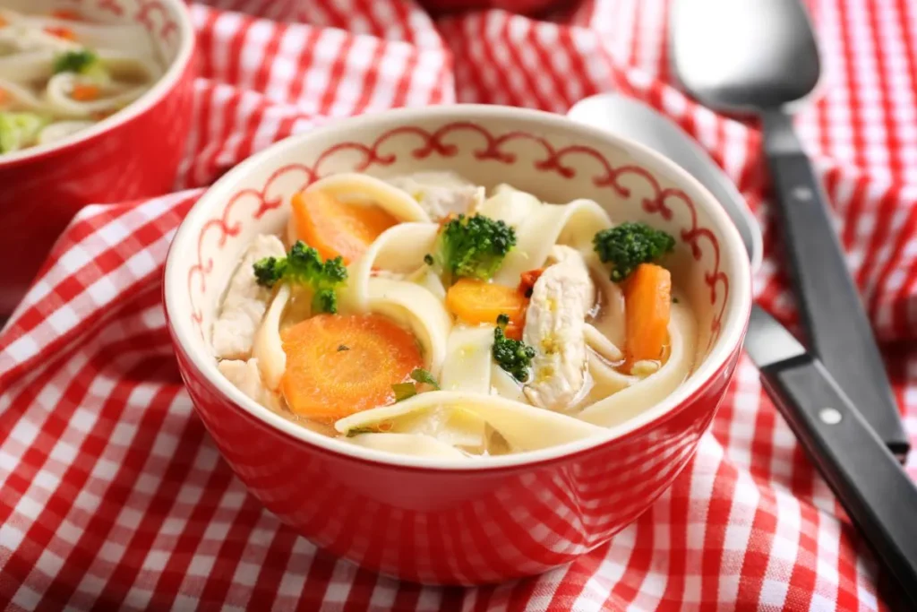 Ladle serving vegan chicken noodle soup from a pot