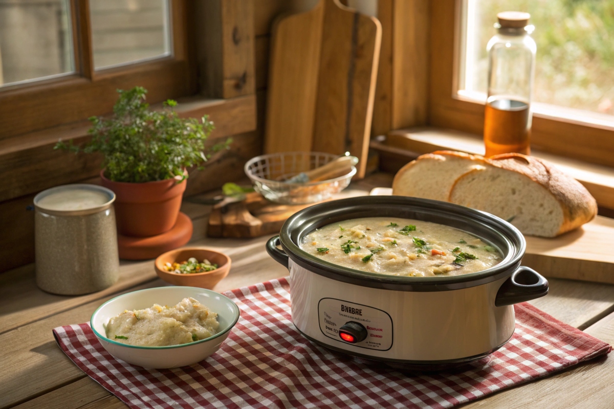 White chicken chili crockpot simmering