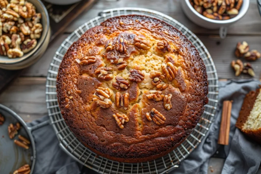 Whole pecan pie cake displayed on a rustic cake stand