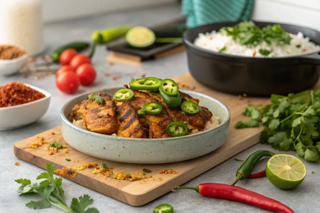 Garnished Jalapeno Chicken dish on a modern kitchen countertop