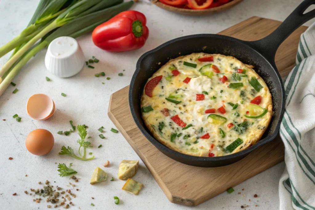 Egg white frittata in a skillet with vegetables