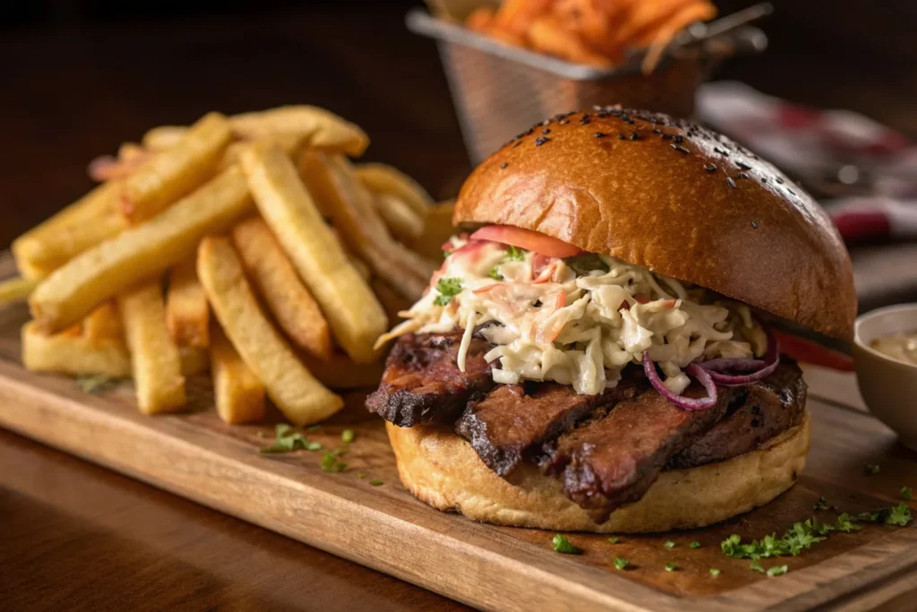 Brisket sandwich served with coleslaw and fries