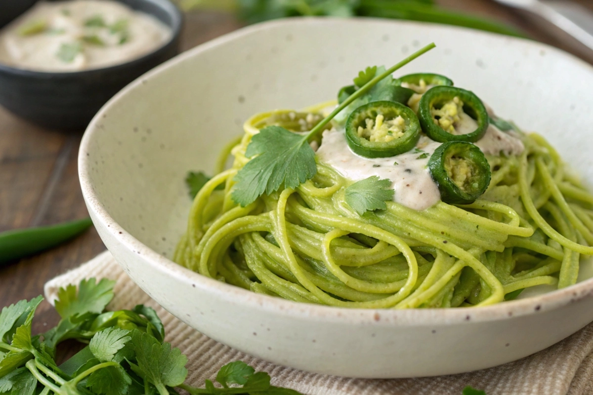 Green spaghetti with poblano sauce served in a white bowl