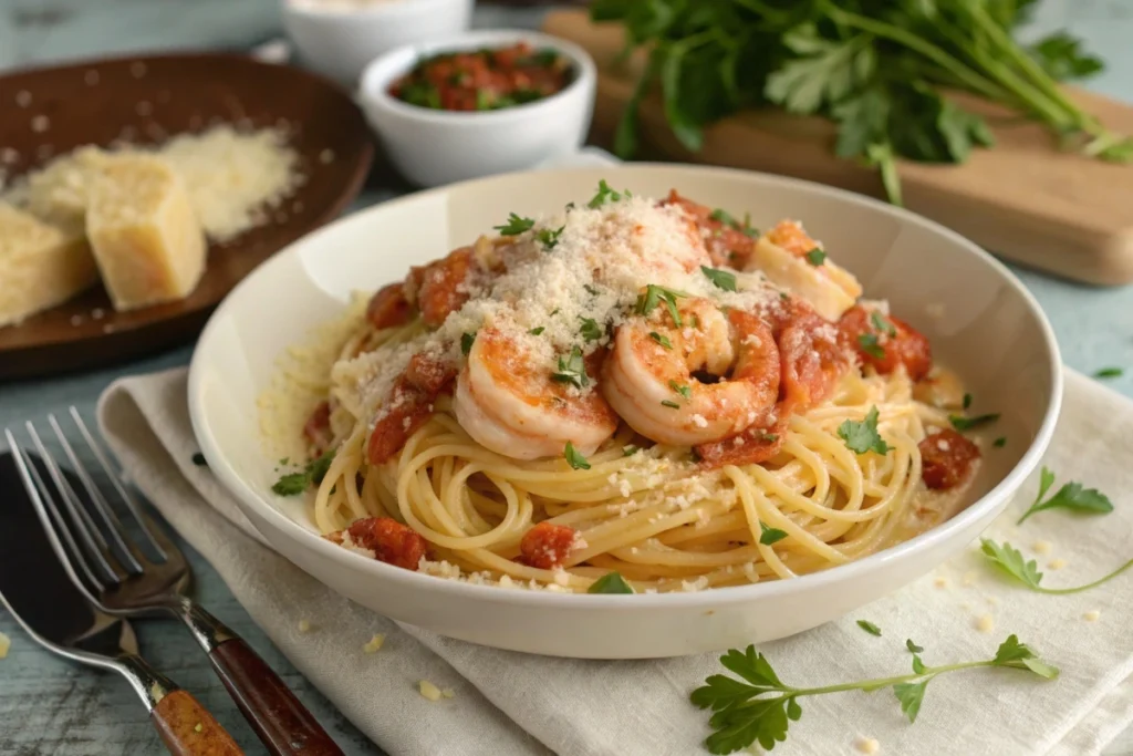 Shrimp Spaghetti Recipe - Creamy shrimp spaghetti topped with Parmesan cheese