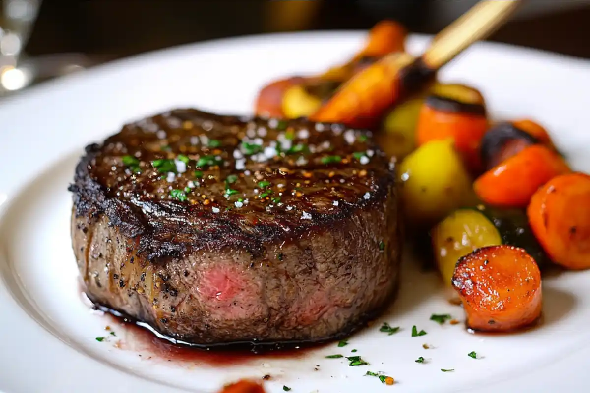 Delmonico steak plated with vegetables