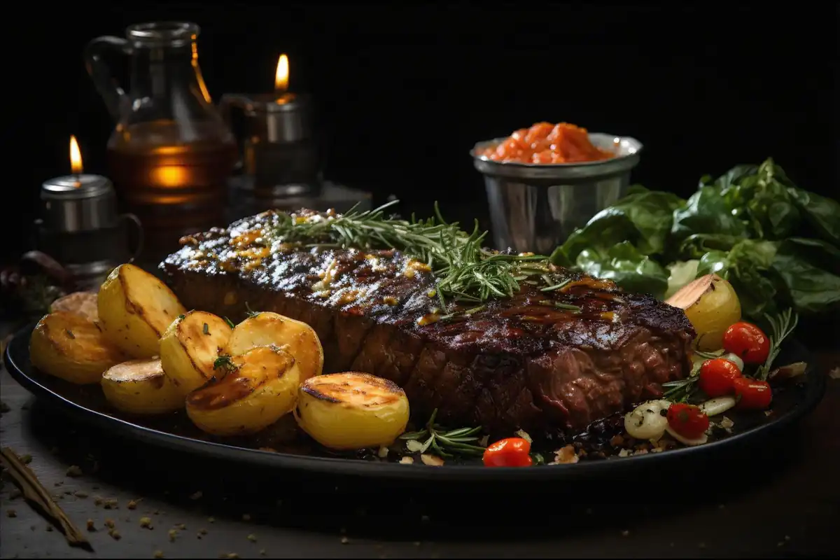 Delmonico steak plated with roasted vegetables