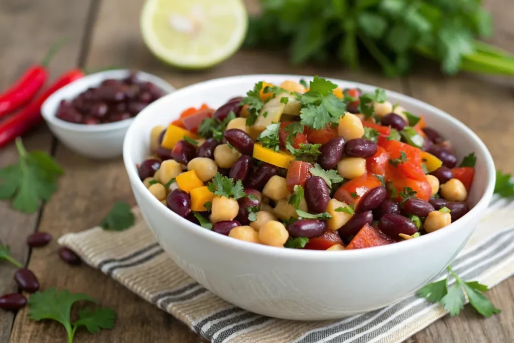 colorful dense bean salad in a white bowl