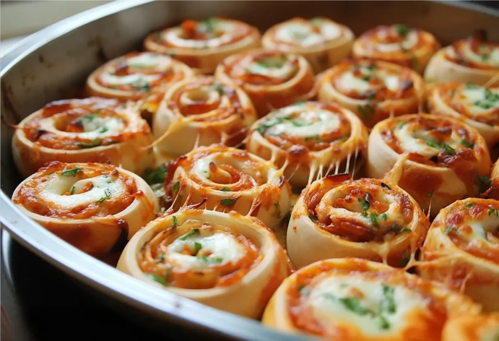 freshly baked breakfast pizza rolls on a baking sheet