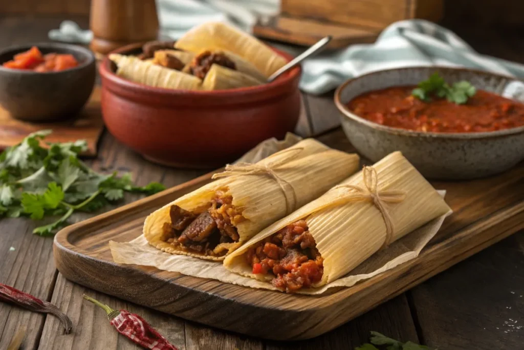 homemade beef tamales on corn husks