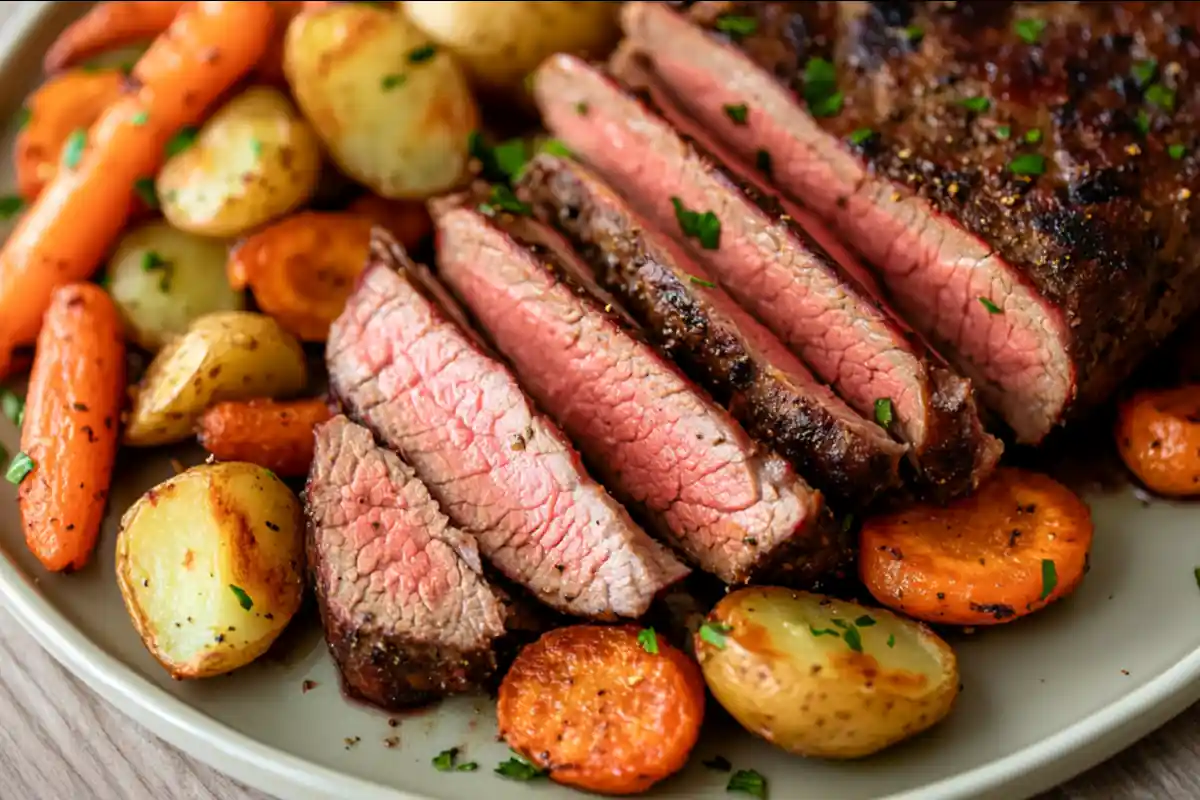 Sliced bottom round roast served with vegetables on a plate