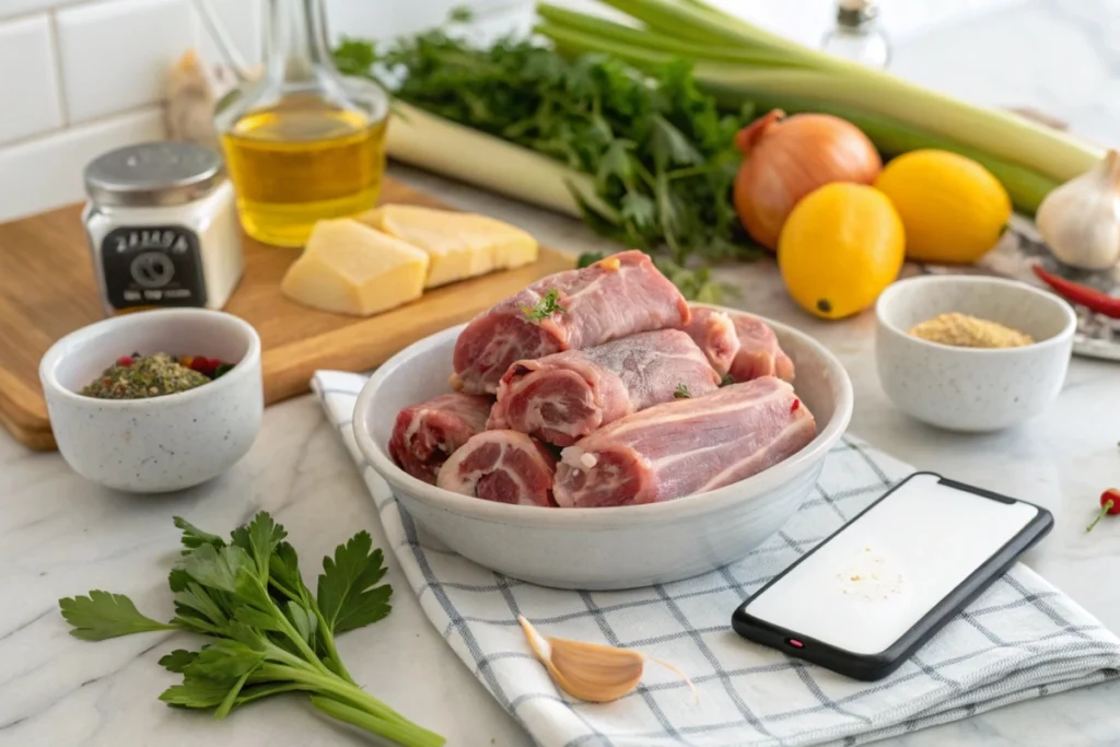 Fresh turkey necks and ingredients for a savory recipe on a kitchen countertop, including parsley, garlic, onions, lemons, Parmesan cheese, and olive oil