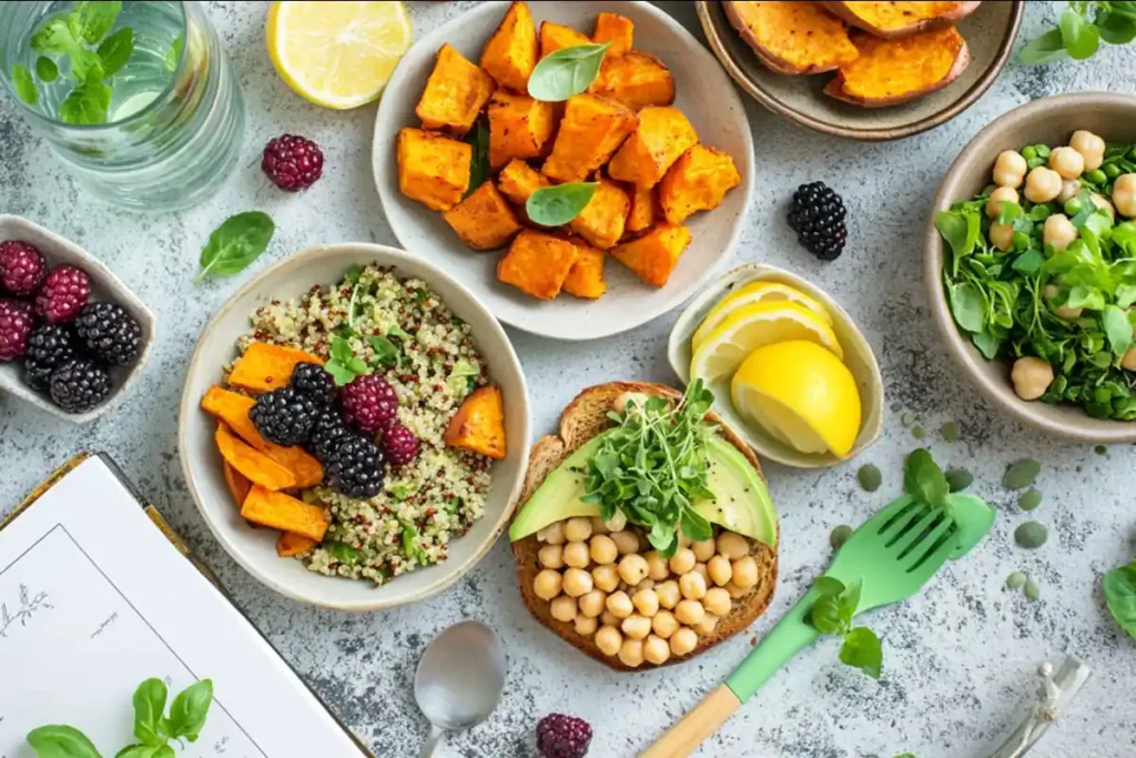 what do vegans eat for lunch? A vibrant vegan lunch spread with quinoa salad, avocado toast, roasted sweet potatoes, mixed berries, and eco-friendly cutlery, surrounded by health-focused props like a journal and infused water.