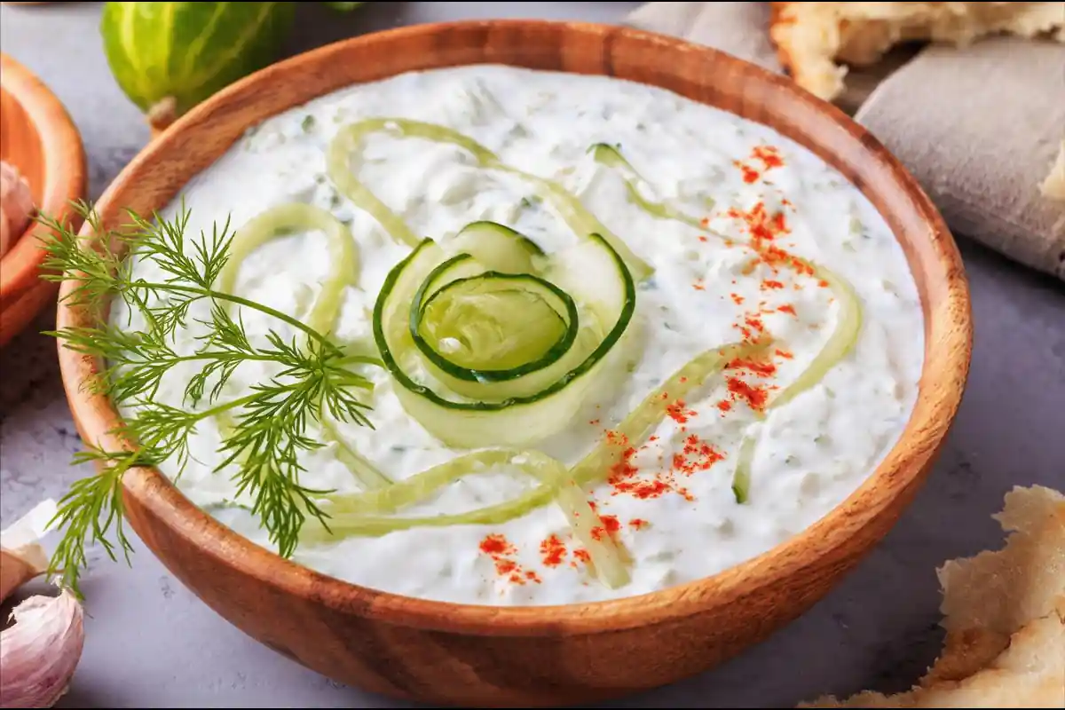 Greek Recipes - A close-up of Greek tzatziki sauce in a bowl, garnished with fresh dill and surrounded by sliced cucumbers, olive oil, and spices.