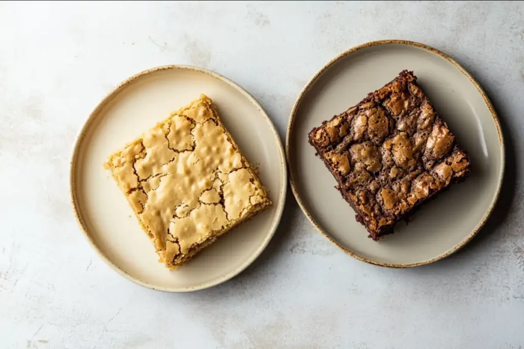 what’s the difference between a blondie and a brookie - Two plates on a table, one with blondies and one with brookies