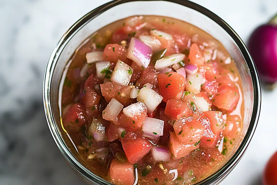 Bowl of freshly made pickle de gallo with tomatoes and onions