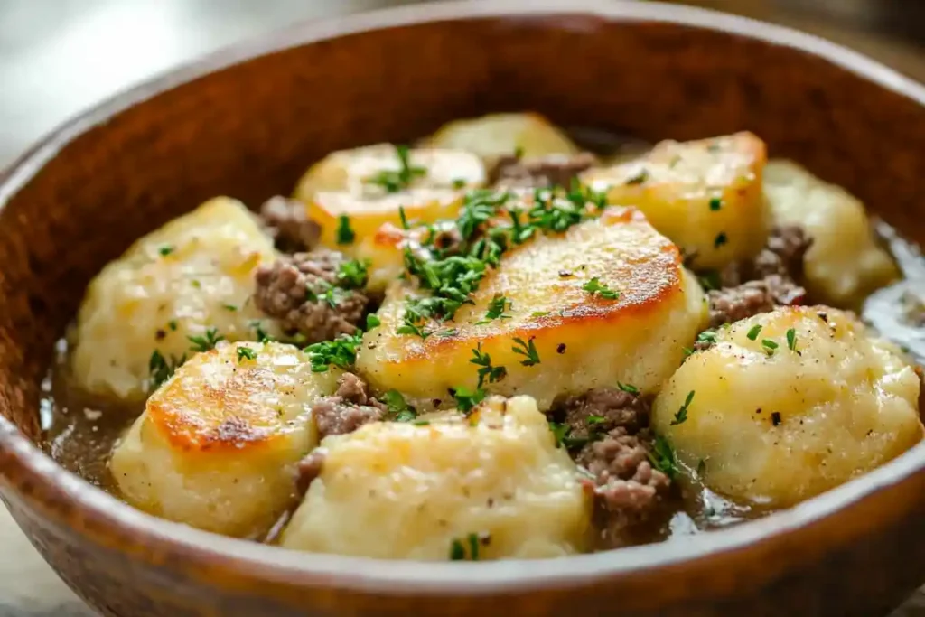 chipped beef flour dumplings potatoes bowl- chipped beef flour dumplings potatoes recipe