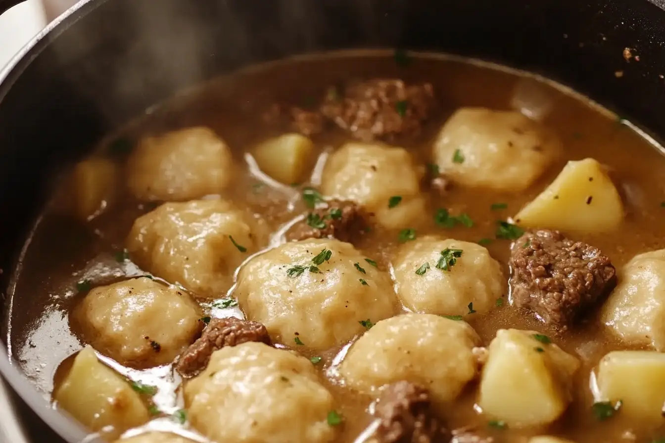 chipped beef flour dumplings potatoes recipe simmering in a pot