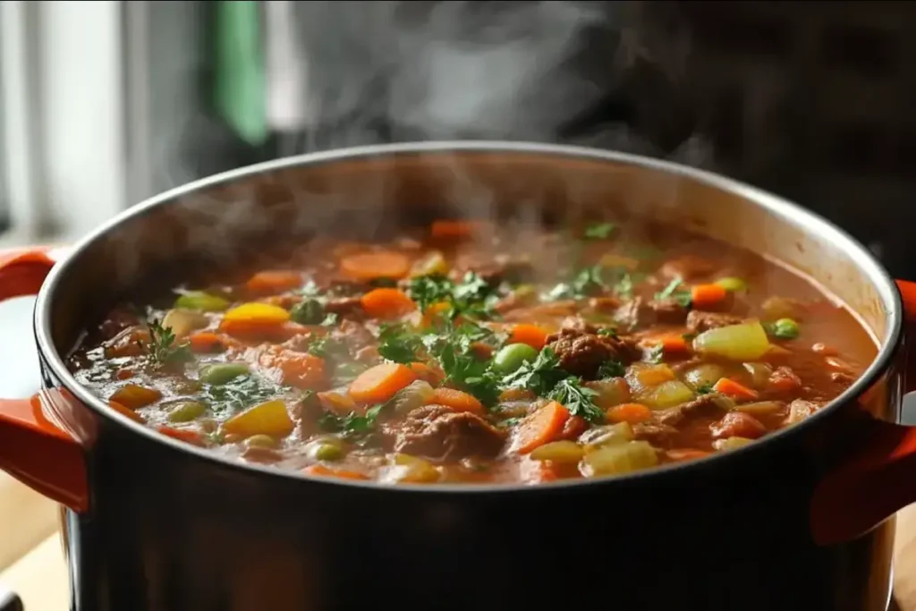 Hearty beef stew simmering with vegetables