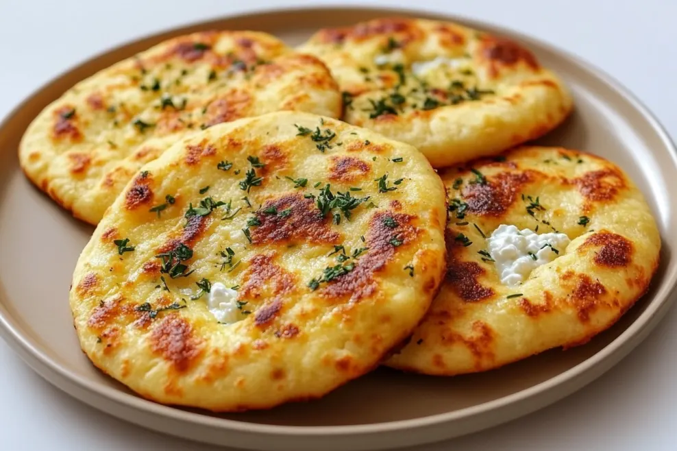 golden-brown cooked cottage cheese flatbreads topped with herbs