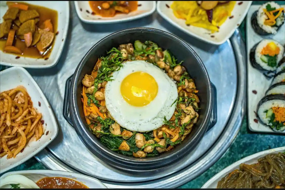 Dolsot bibimbap in a sizzling hot stone bowl