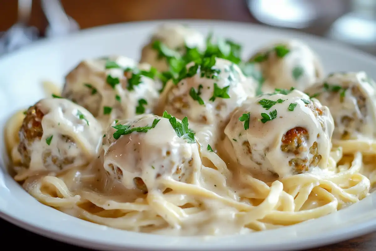 finished alfredo meatballs plated with sauce and garnish