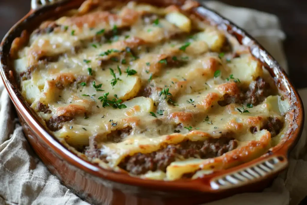 freshly baked cowboy meatloaf and potato casserole- cowboy meatloaf and potato casserole