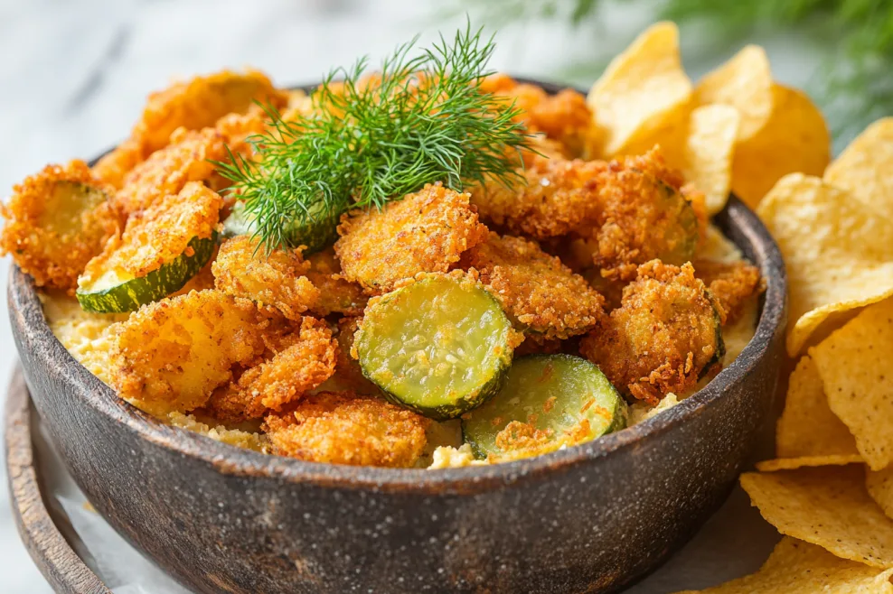 bowl of fried pickle dip garnished with dill