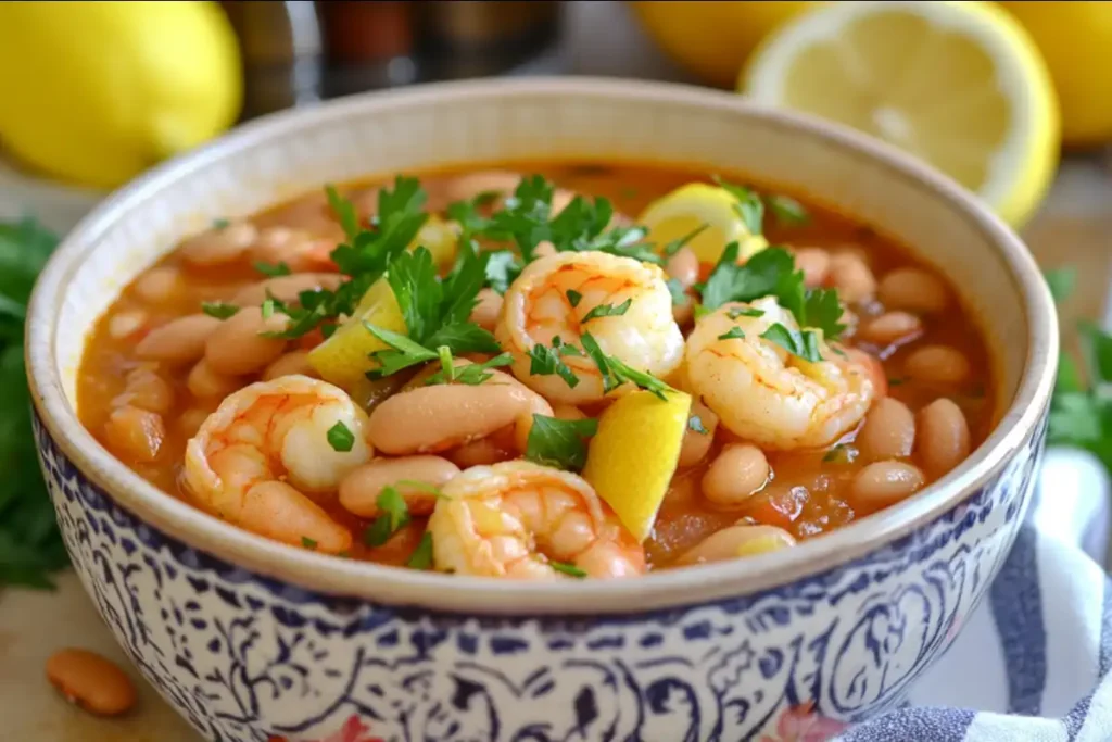 Close-up view of lemony shrimp and bean stew in a bowl