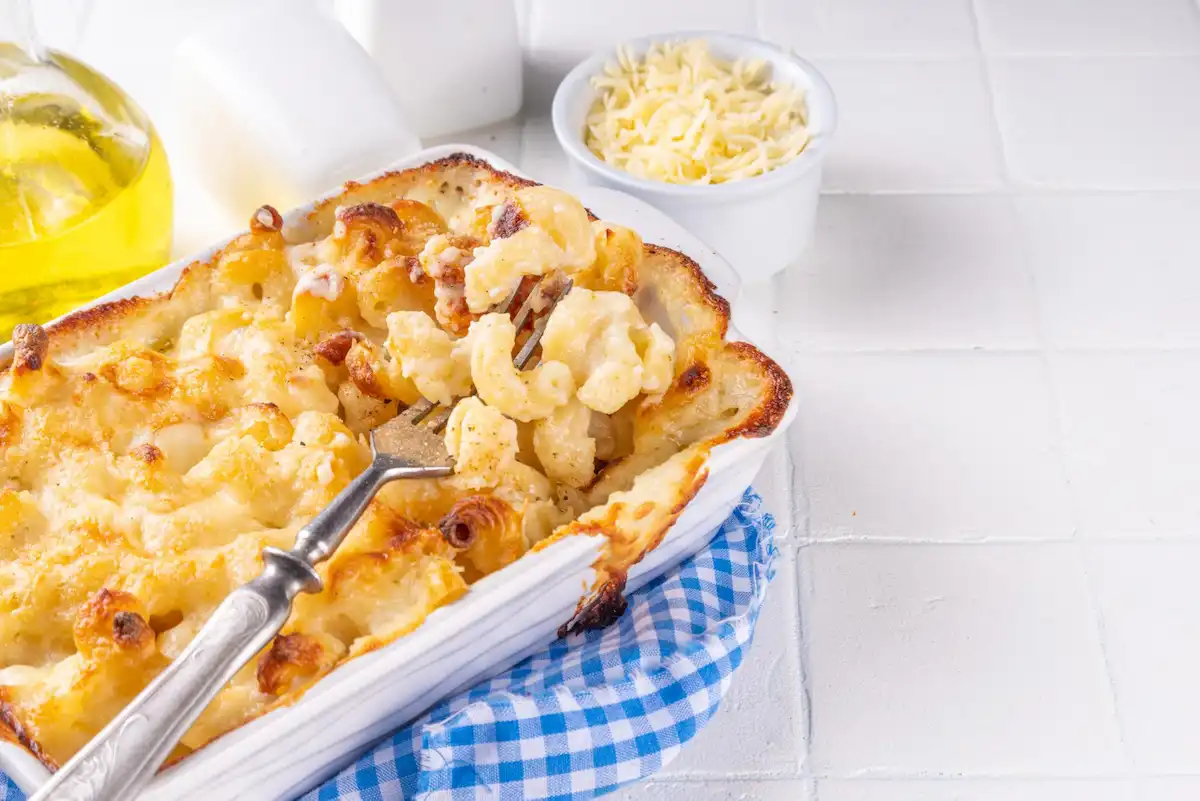 old fashioned baked macaroni and cheese in a casserole dish