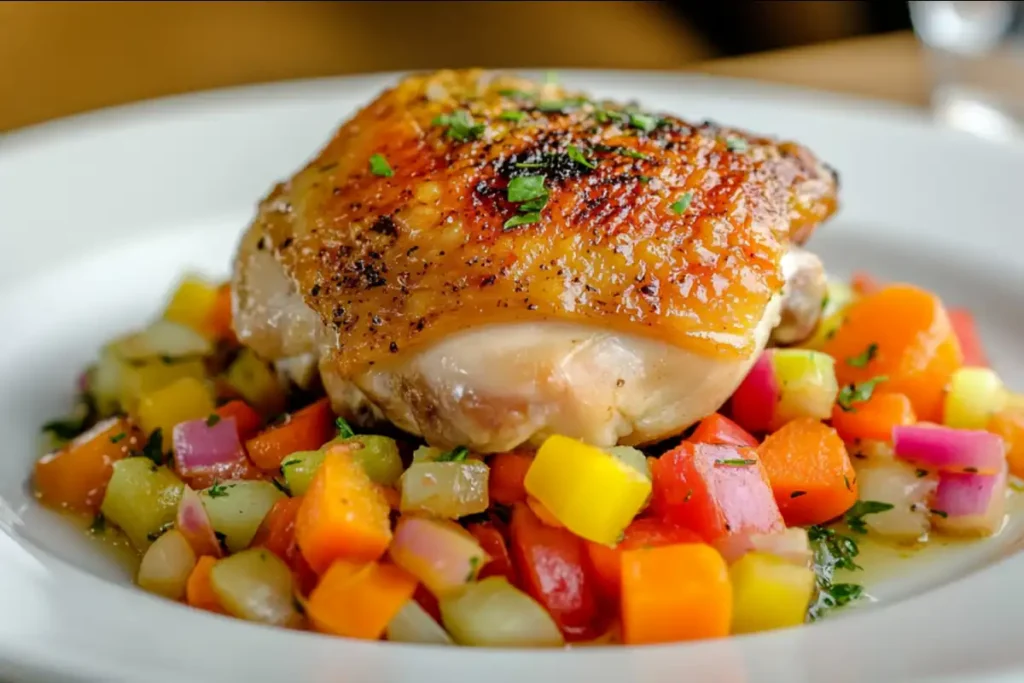 poached chicken thigh served with vegetables