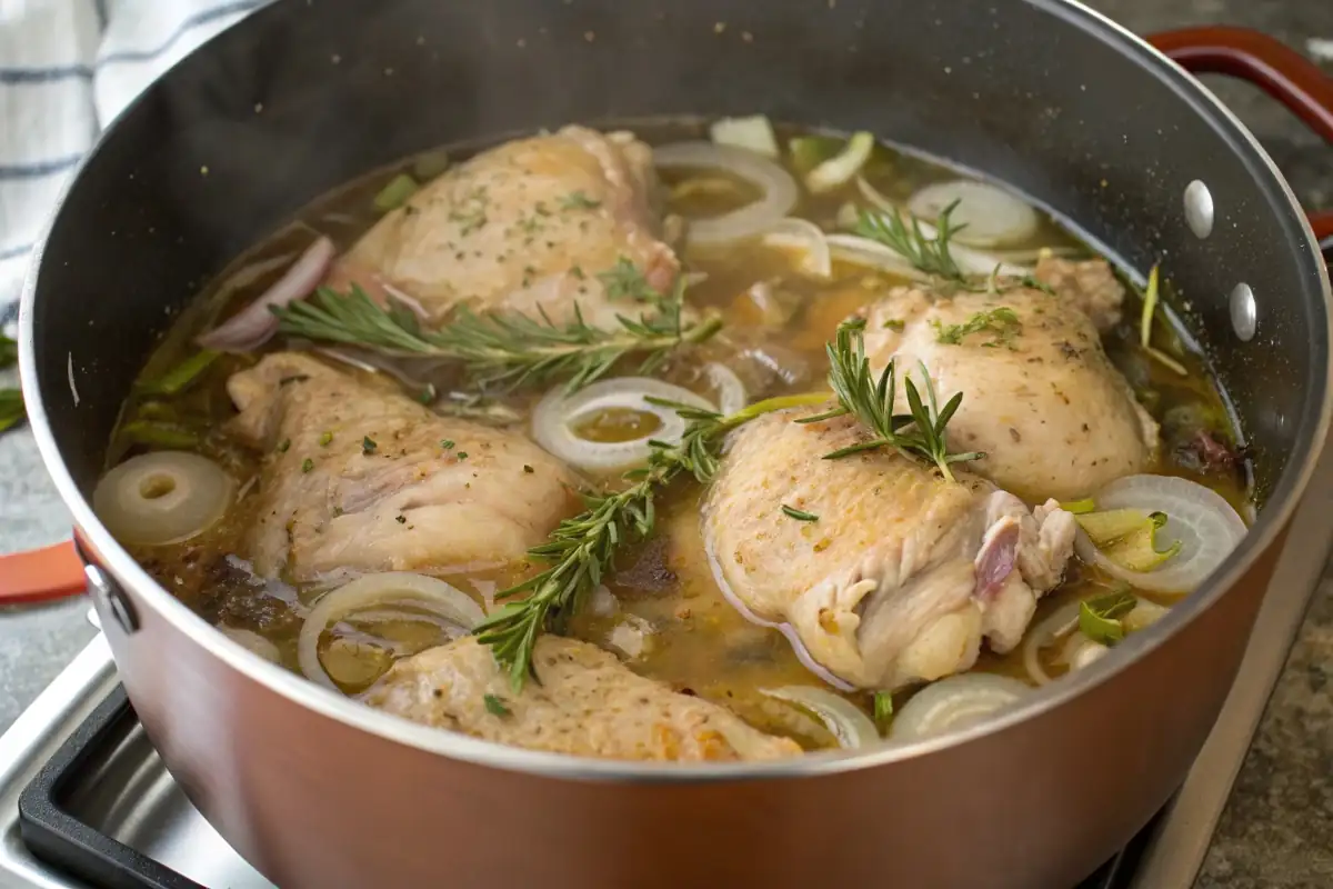 poached chicken thighs in a pot with aromatics