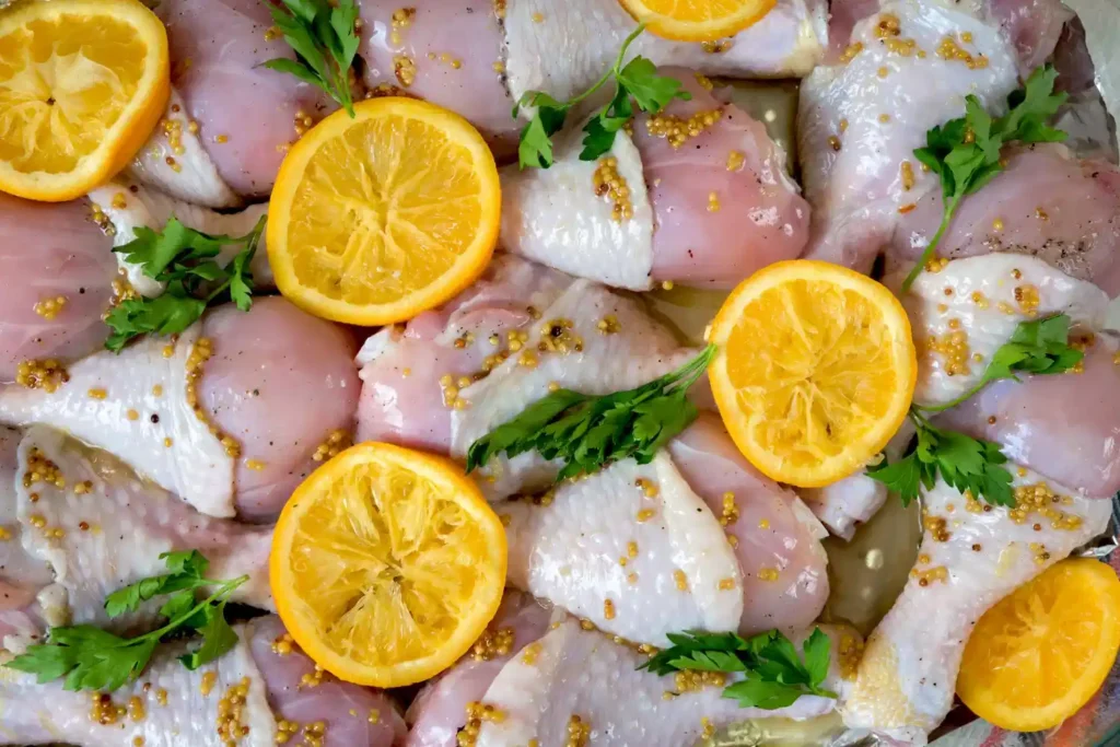 raw chicken marinating lemon herb- lemon herb chicken