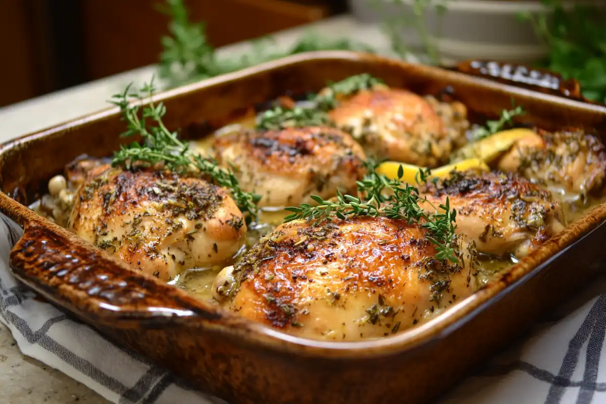 close-up of roasted lemon herb chicken in baking dish