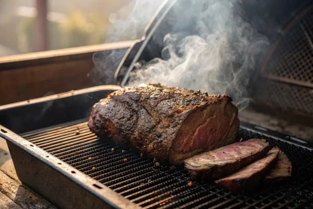 seasoned beef roast smoking on grill grate- smoked beef roast