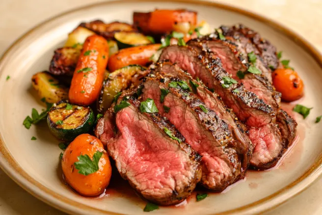 sliced chuck eye steak with side dish